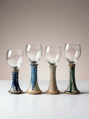 HAND-THROWN‎ STUDIO POTTERY WINE GLASSES/GOBLETS SET/4 BOHO MCM COASTAL GRANDMA